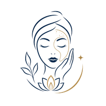 Minimal line-art of a serene face with closed eyes, surrounded by leaves and a lotus in navy and gold