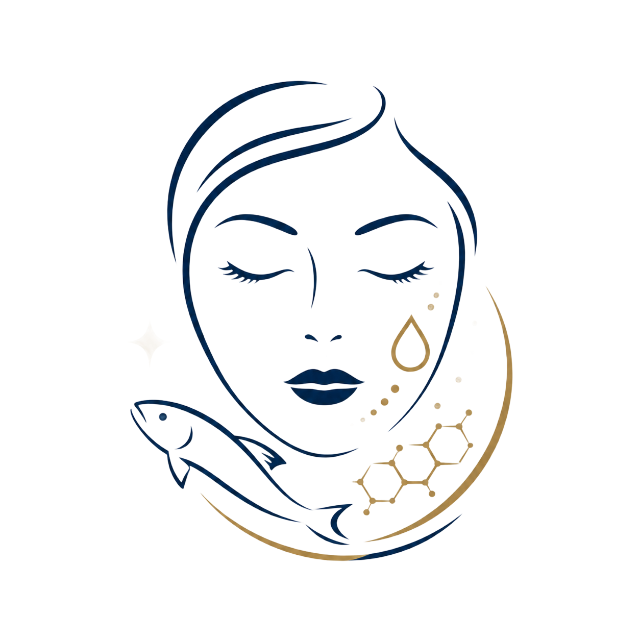 Stylized line-art face with closed eyes, gold drop and fish, suggesting skincare or wellness logo