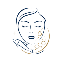 Stylized line-art face with closed eyes, gold drop and fish, suggesting skincare or wellness logo