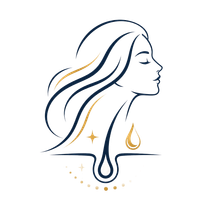 Stylized line art profile of a woman with flowing hair, accented by gold sparkles and a droplet icon