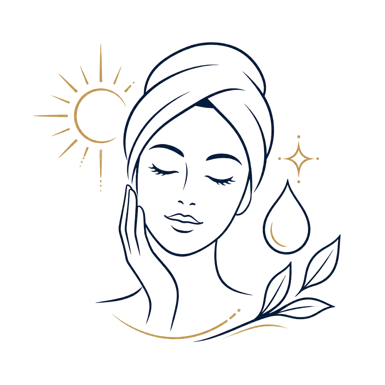 Minimal line-art spa icon of a woman with towel, sun, water droplet, and leaf accents
