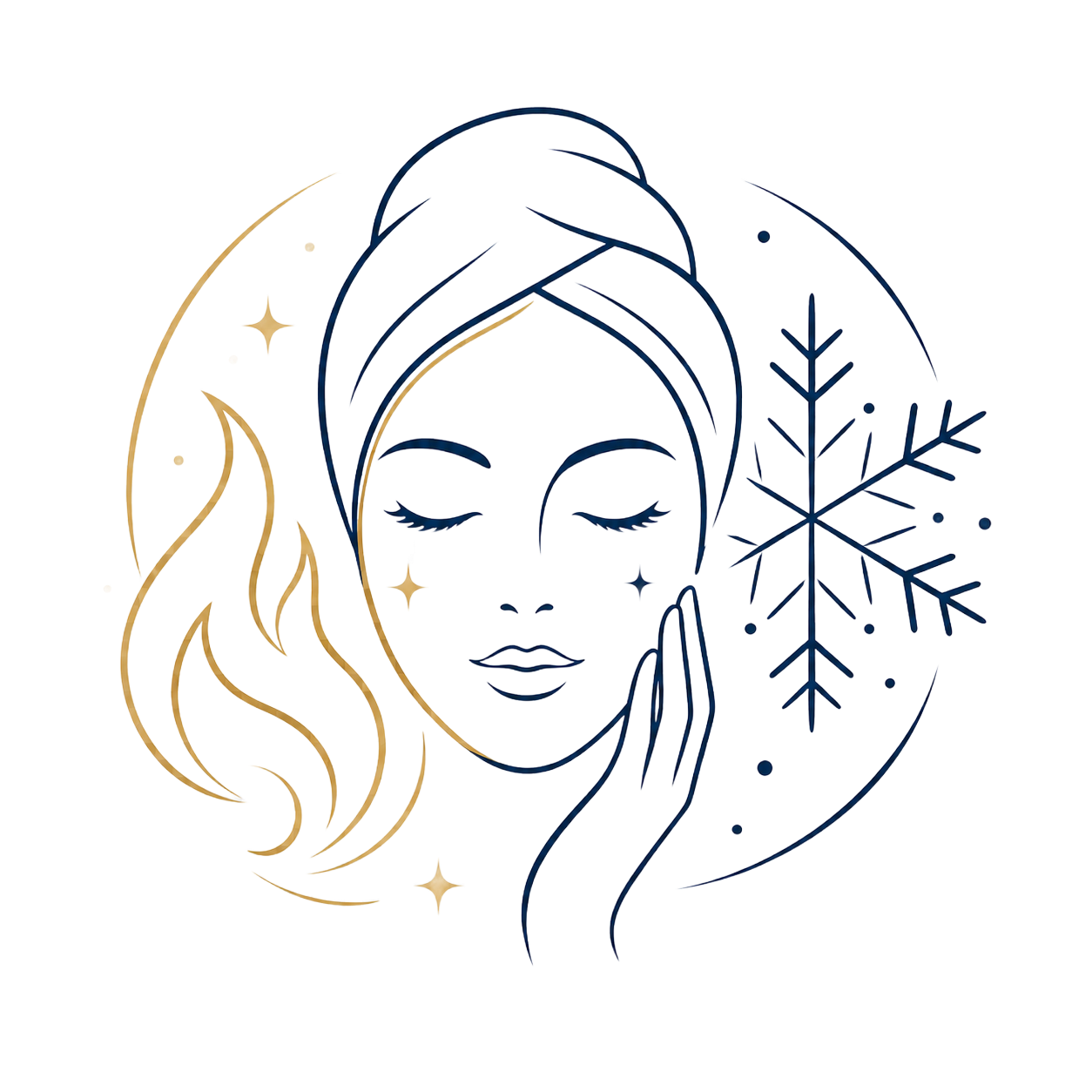 Minimal line art of a face with towel wrap, split between warm flame and cool snowflake symbols