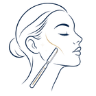 Line drawing of a woman’s profile with a cosmetic applicator on her cheek and jawline.