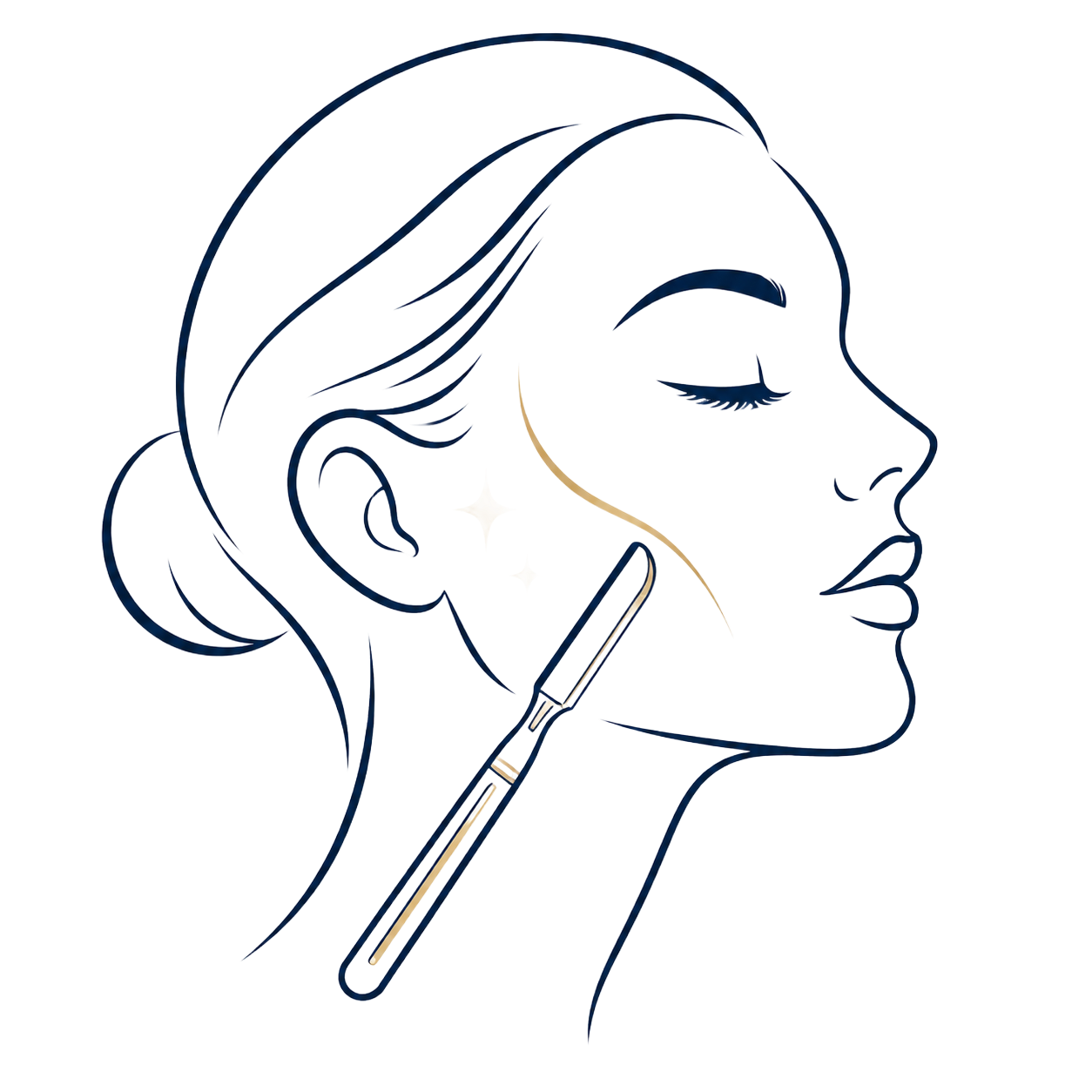 Line drawing of a woman’s profile with a cosmetic applicator on her cheek and jawline.