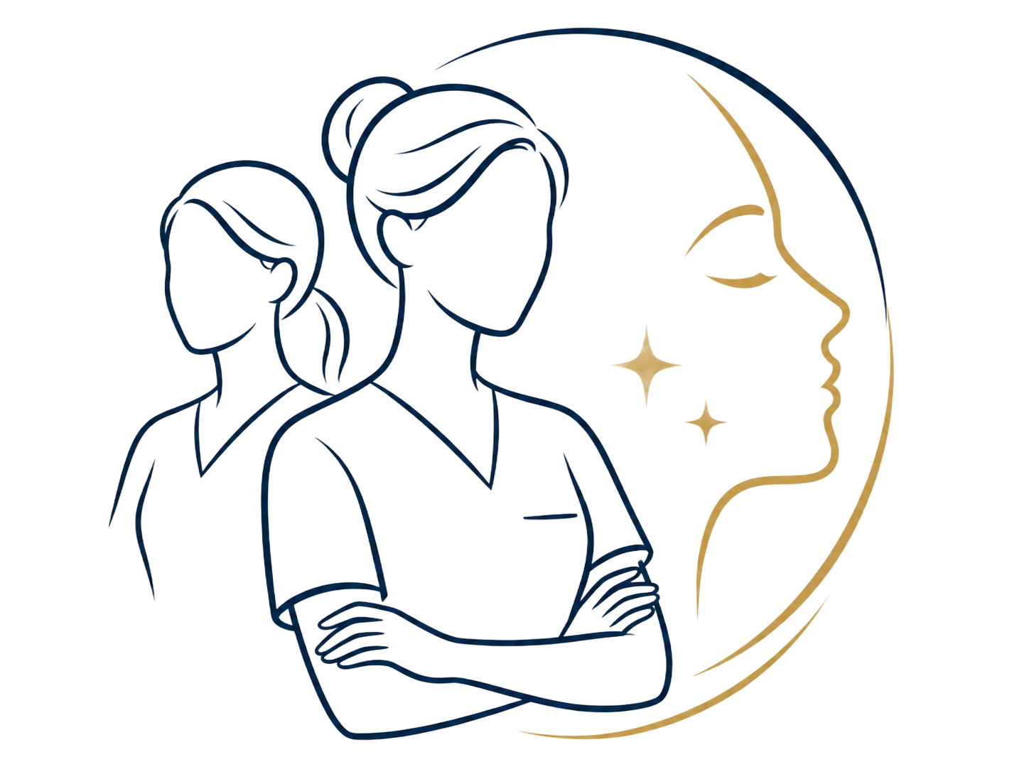 Two outlined people in front of a profile face outline with gold stars and arc.