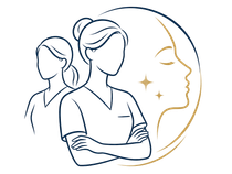 Two outlined people in front of a profile face outline with gold stars and arc.