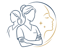 Two outlined people in front of a profile face outline with gold stars and arc.