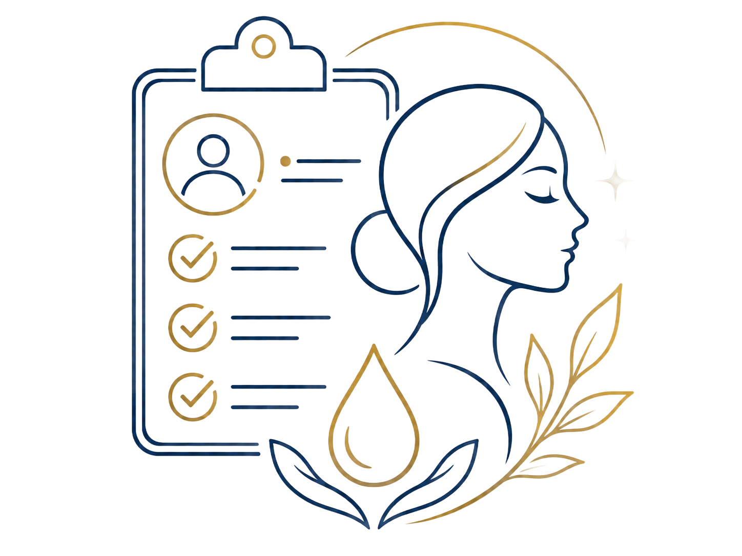 Clipboard checklist with profile icon and gold leaf accents beside a woman’s side profile