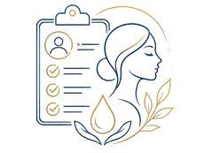Clipboard checklist with profile icon and gold leaf accents beside a woman’s side profile