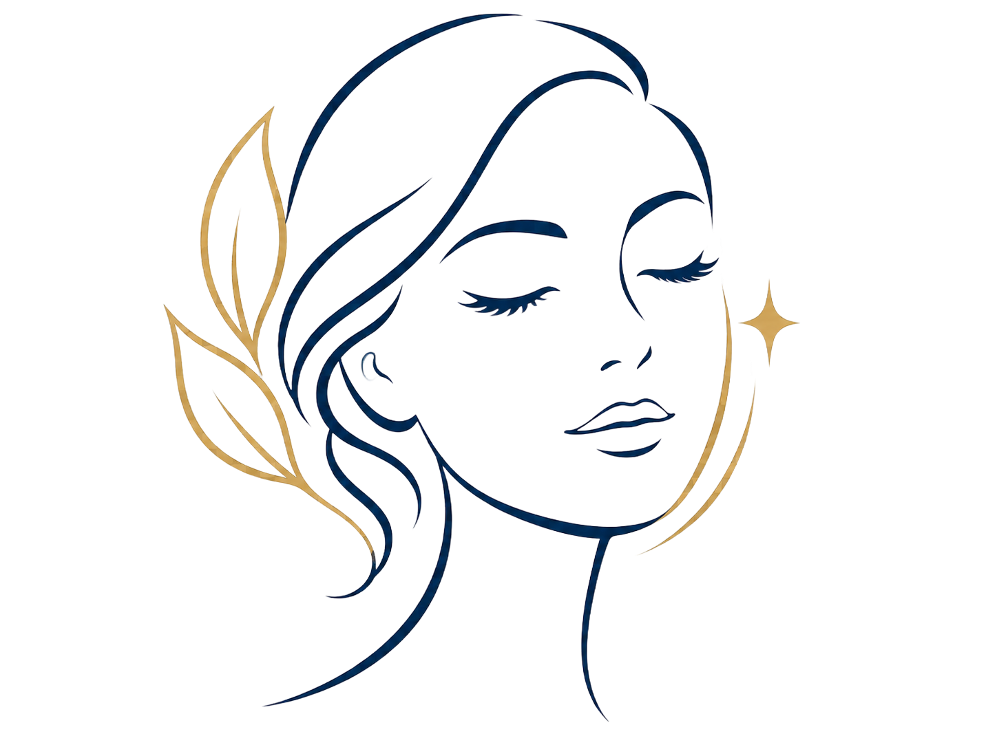 Minimal line-art face with closed eyes, blue and gold accents, and gold leaf details