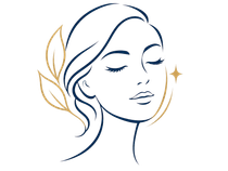 Minimal line-art face with closed eyes, blue and gold accents, and gold leaf details