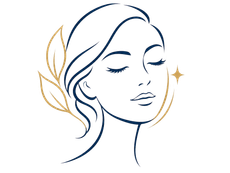 Minimal line-art face with closed eyes, blue and gold accents, and gold leaf details