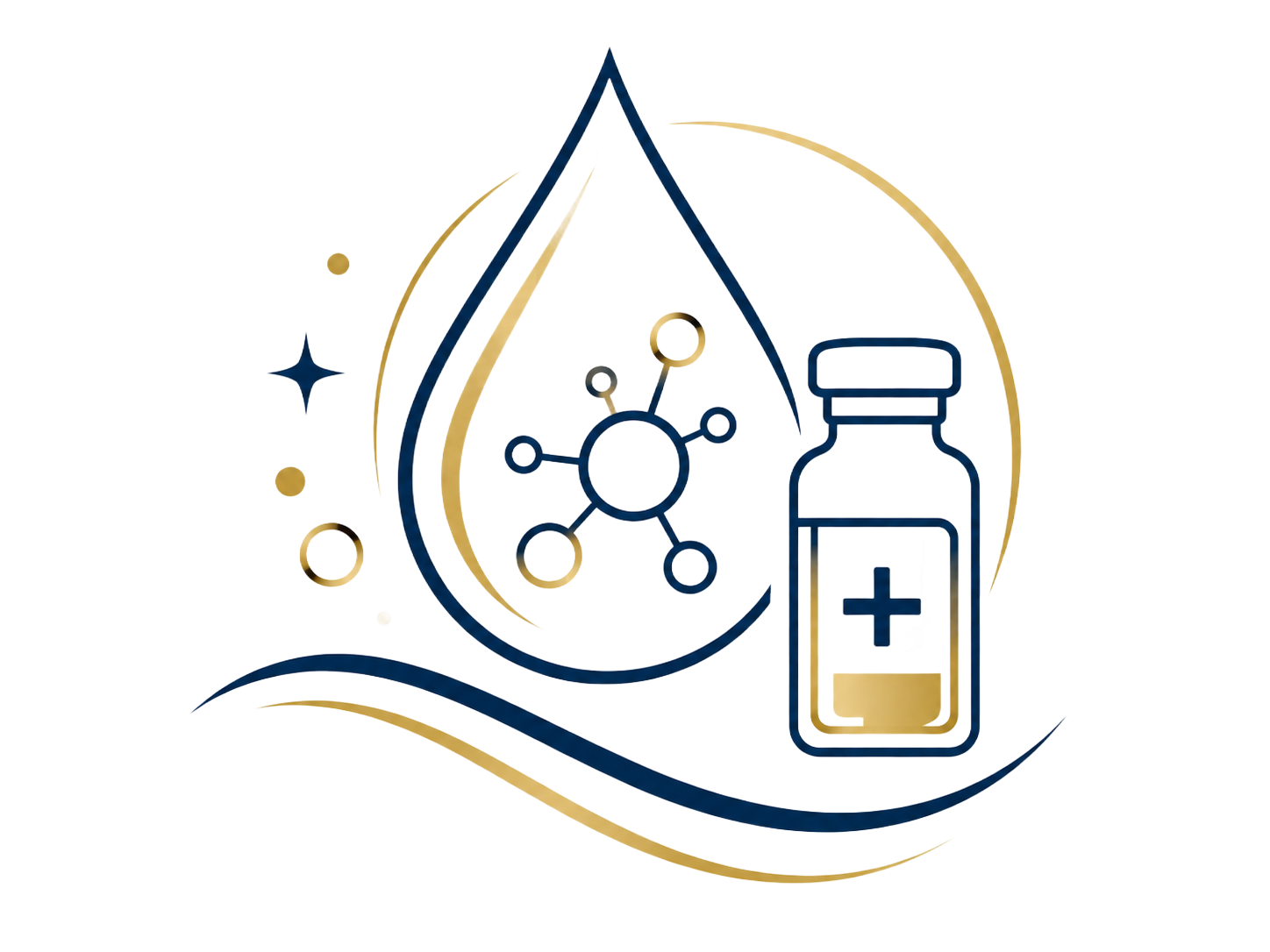 Medication and water droplet icon with molecular symbol, in blue and gold lines
