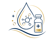 Medication and water droplet icon with molecular symbol, in blue and gold lines