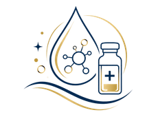 Medication and water droplet icon with molecular symbol, in blue and gold lines