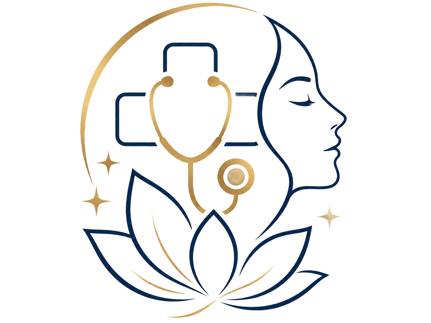 Minimal line art of a wellness logo with a human profile, stethoscope, leaves, and gold accent lines