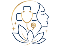 Minimal line art of a wellness logo with a human profile, stethoscope, leaves, and gold accent lines