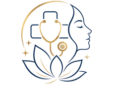 Minimal line art of a wellness logo with a human profile, stethoscope, leaves, and gold accent lines