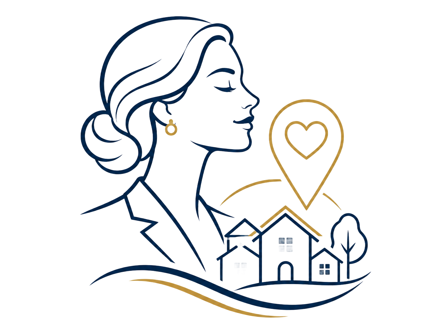 Line-art woman profile with house, heart location pin, and trees in navy and gold