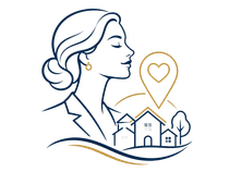 Line-art woman profile with house, heart location pin, and trees in navy and gold
