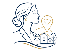 Line-art woman profile with house, heart location pin, and trees in navy and gold