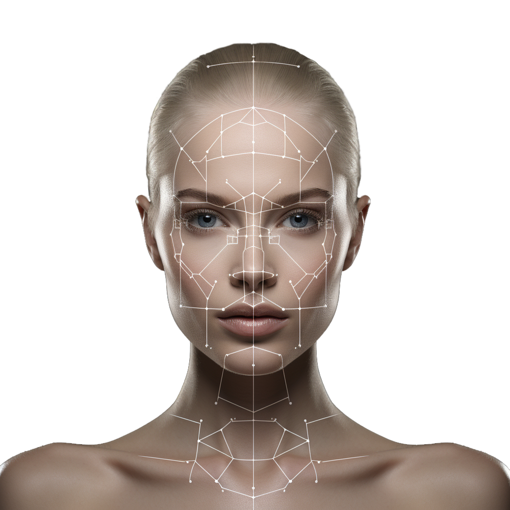 Stylized human face with facial recognition mesh overlay on a white background