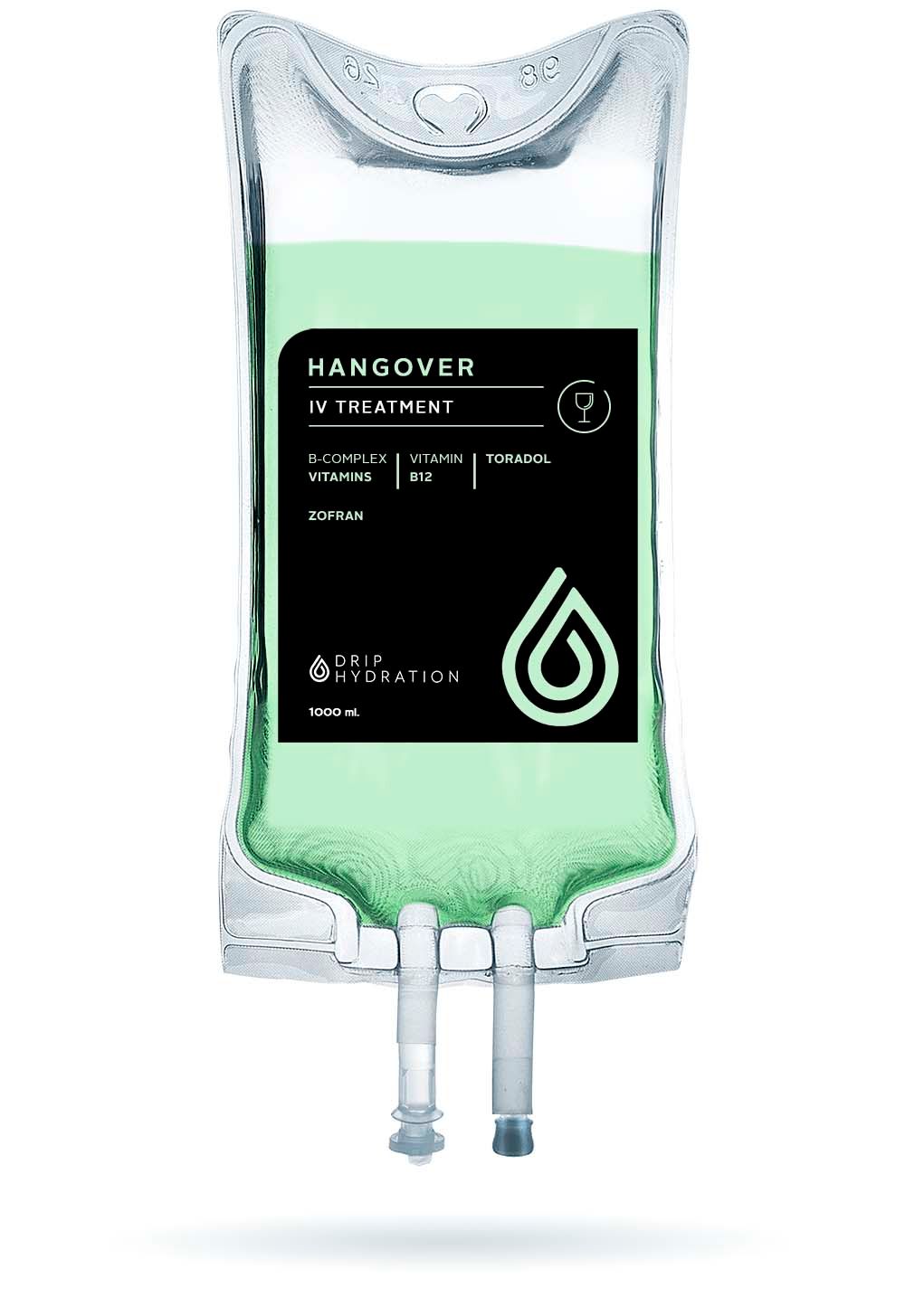 Clear IV saline bag with green liquid and black label, hanging against a white background.