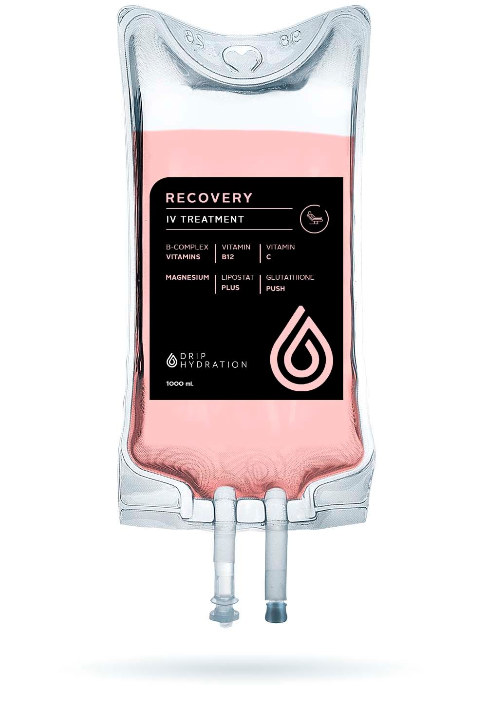 IV hydration bag with pink liquid and black label, hanging with two tubes at the bottom