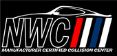 Logo: NWC Manufacturer Certified Collision Center; car silhouette over white text with red, white, and blue stripes.