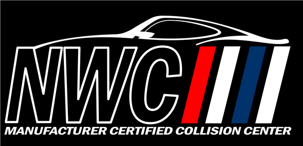 Logo: NWC Manufacturer Certified Collision Center; car silhouette over white text with red, white, and blue stripes.