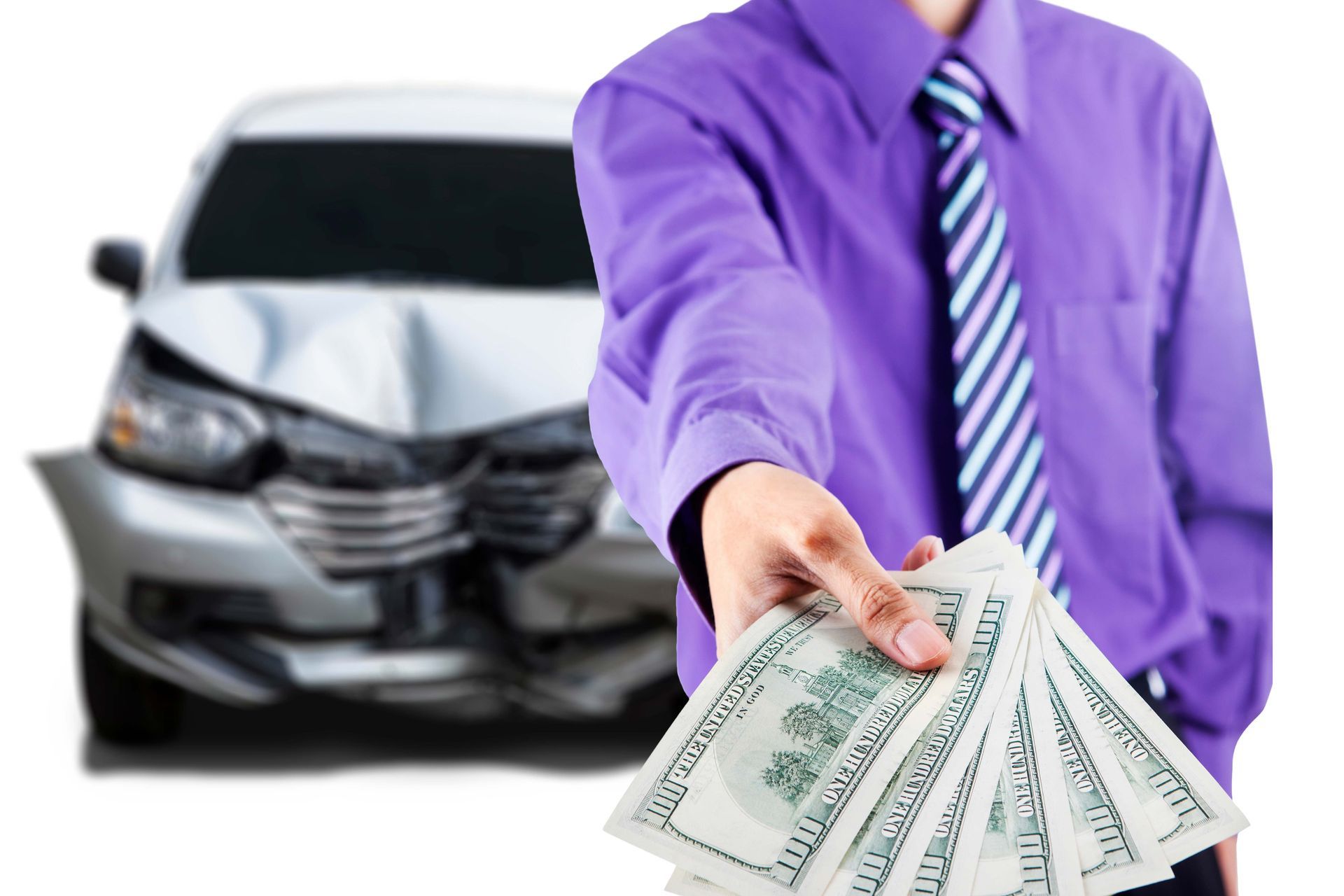A white Car white money in front. A white Car white money in front.