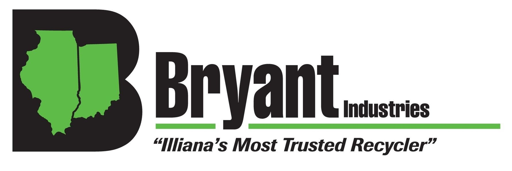 Bryant Industries Logo for Bryant Industries with a green map outline of Illinois and Indiana inside a black letter B.