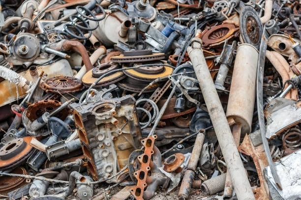 A pile of assorted, rusted automotive scrap metal parts, including engine blocks, discs, and tubes.