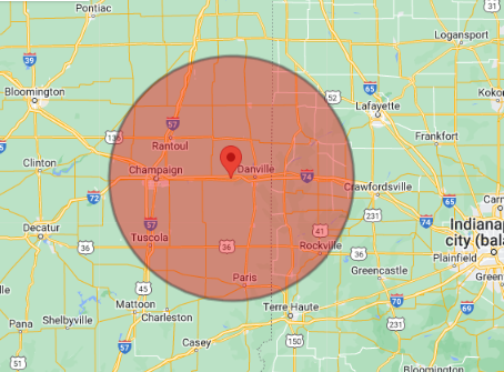 A map view showing a red circular radius overlay centered on Danville, Illinois, extending over the surrounding region.