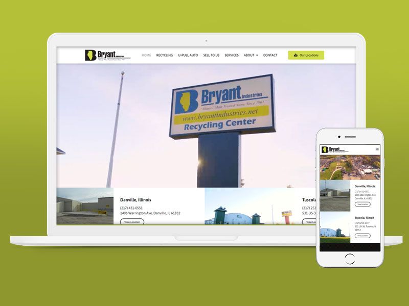 Bryant Industries Website - Danville, IL - Bryant Industries A laptop and smartphone displaying a Bryant Recycling Center website against a lime green background.