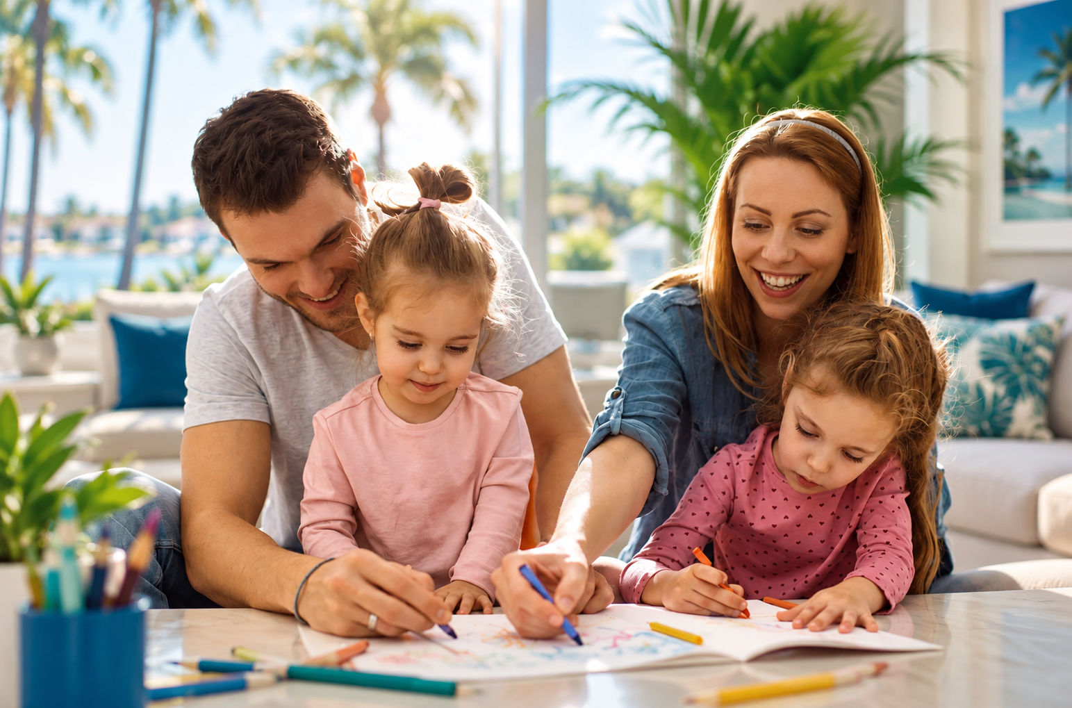 Family coloring together at a table with papers, markers, and a bright living room backdrop.