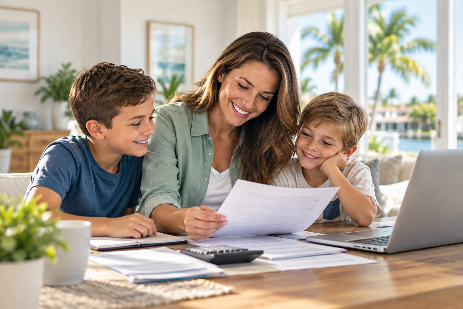Woman with two children reviewing papers at a table beside a laptop in a bright home office