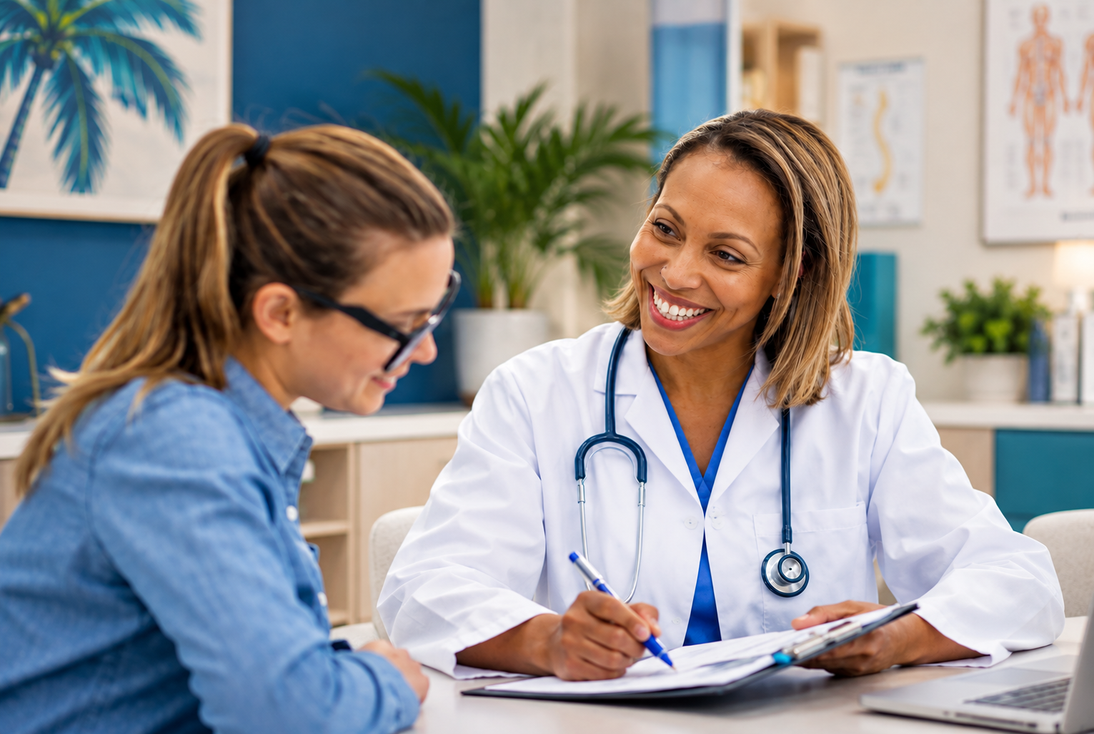 Doctor smiling with patient in a clinic, reviewing paperwork at a desk.
