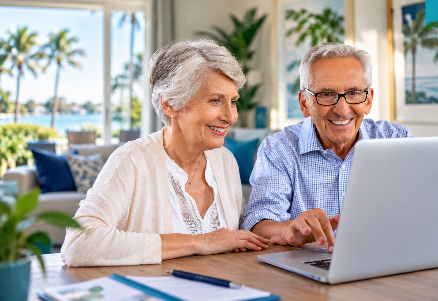Two smiling adults using a laptop at a bright seaside table