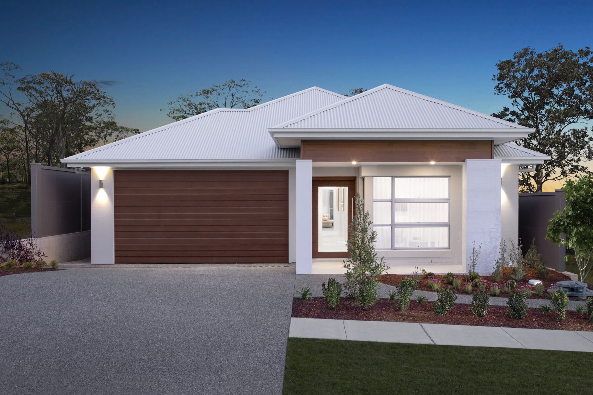 Grove 26 home design - A front of a house with a white roof and a brown garage door.