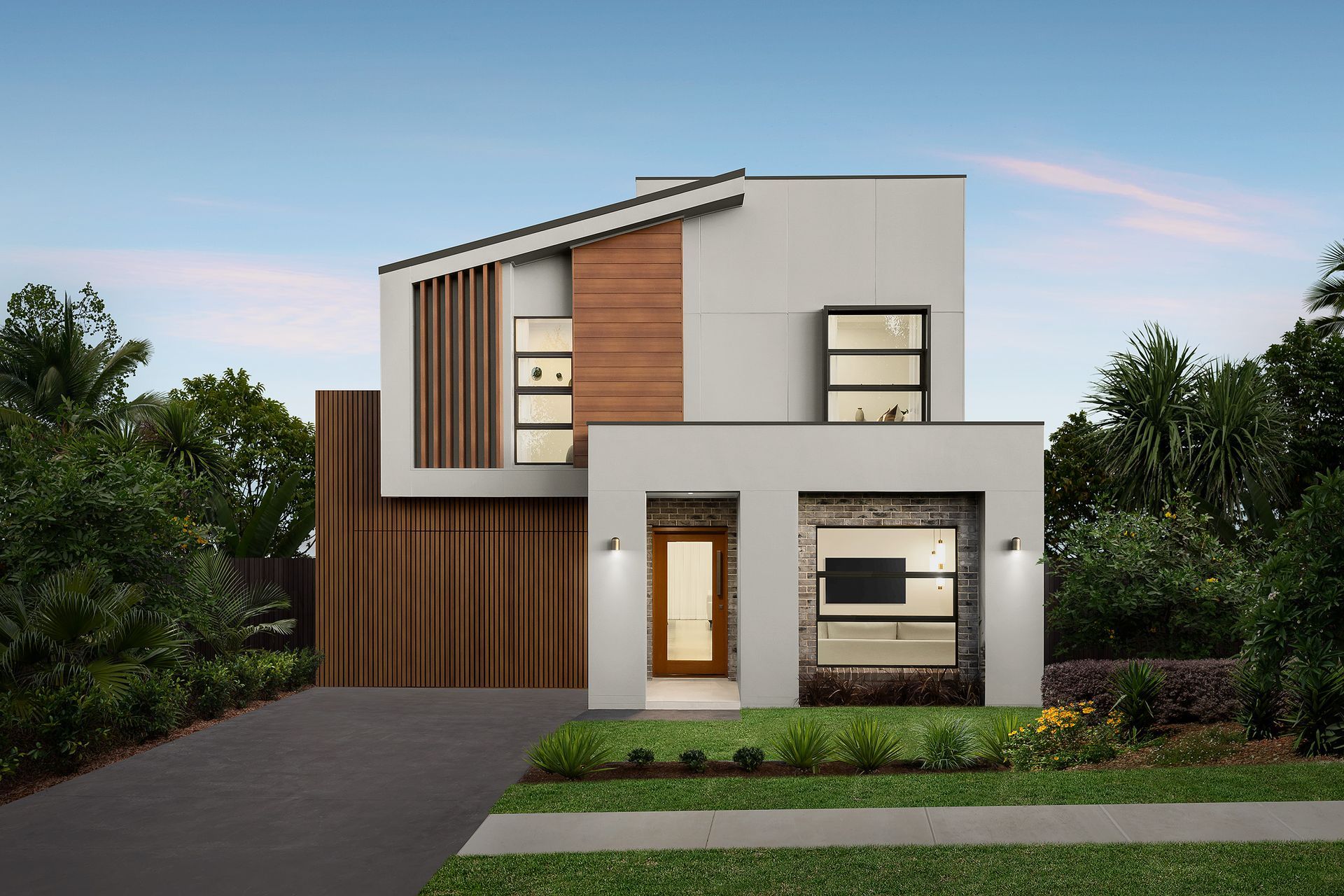 Meadow 39 home design - A double-story modern house with a lot of windows and a driveway.