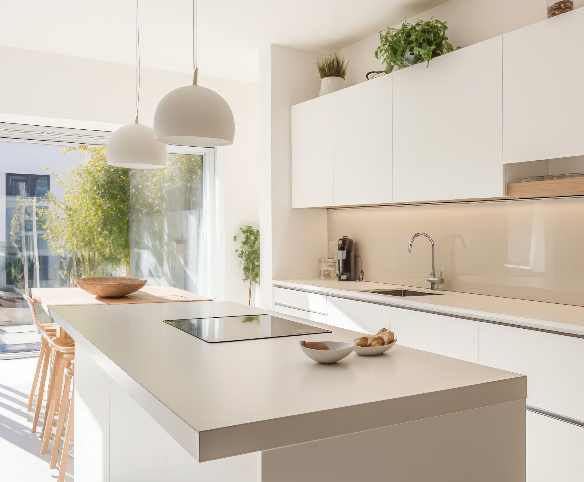 Sanctuary 41 - A kitchen with white cabinets and a large island in the middle.