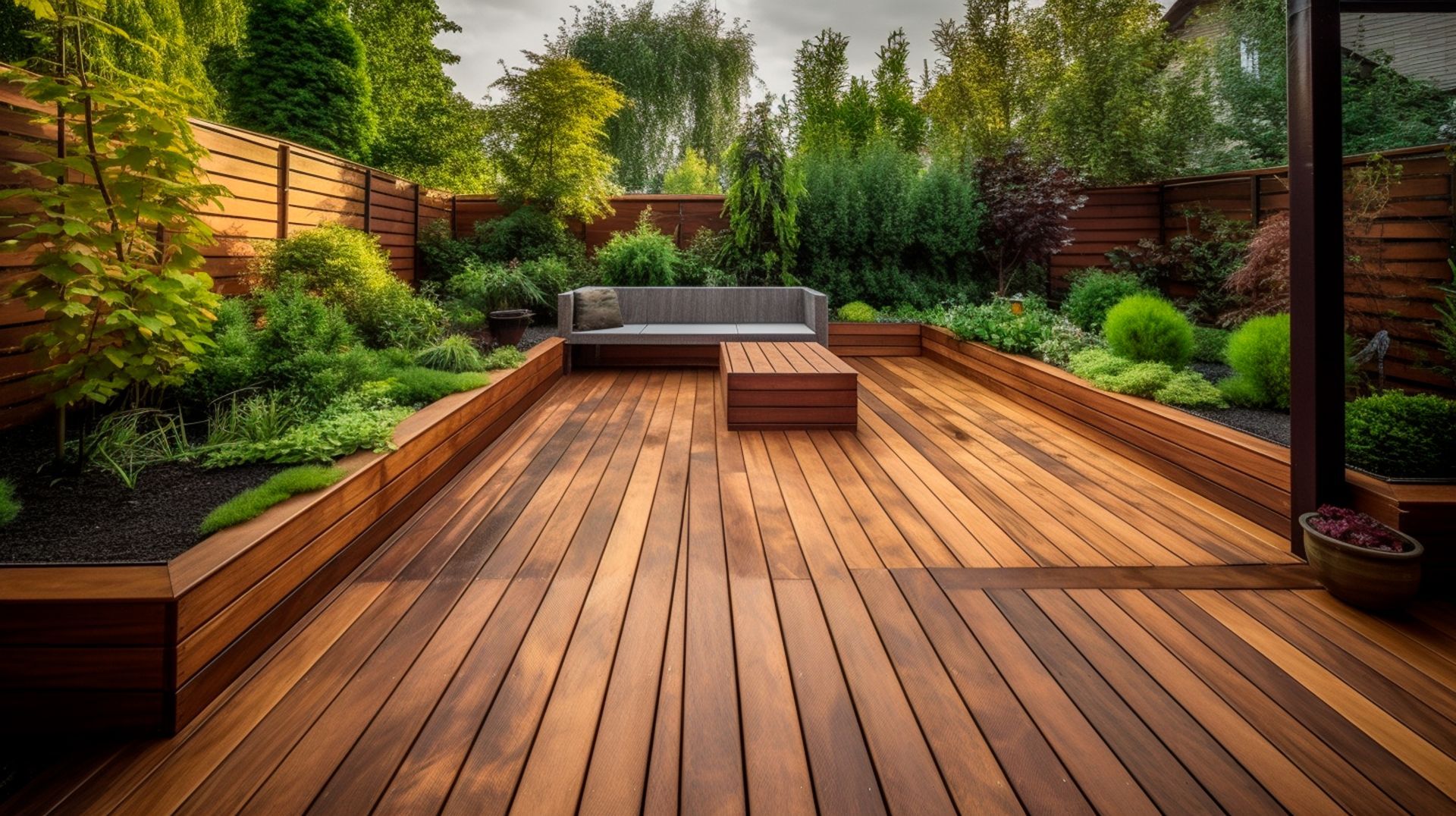 Solitude 53 - A wooden deck with a couch on it in a garden.
