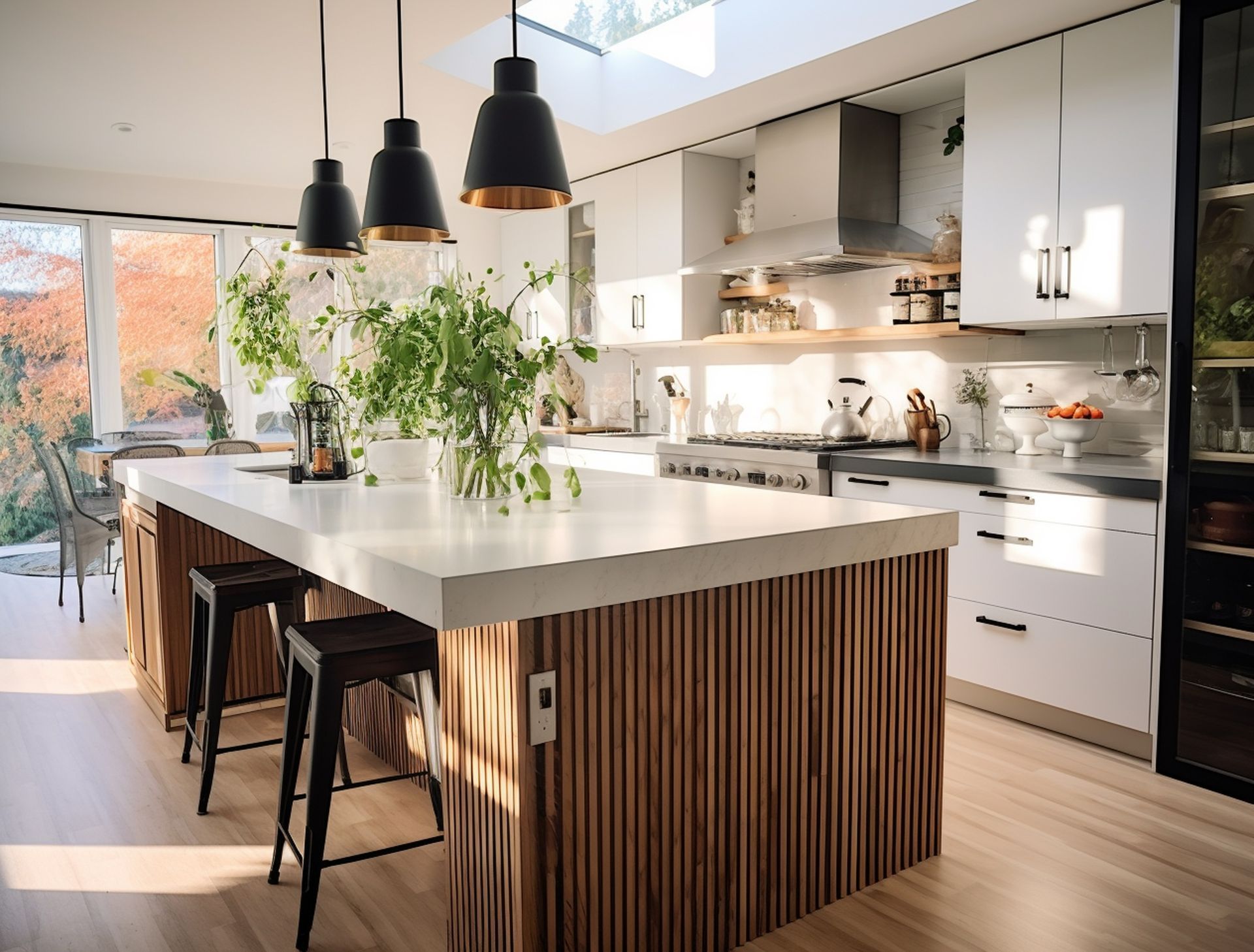 Vineyard 28 home design of a kitchen with a large island in the middle and stools.
