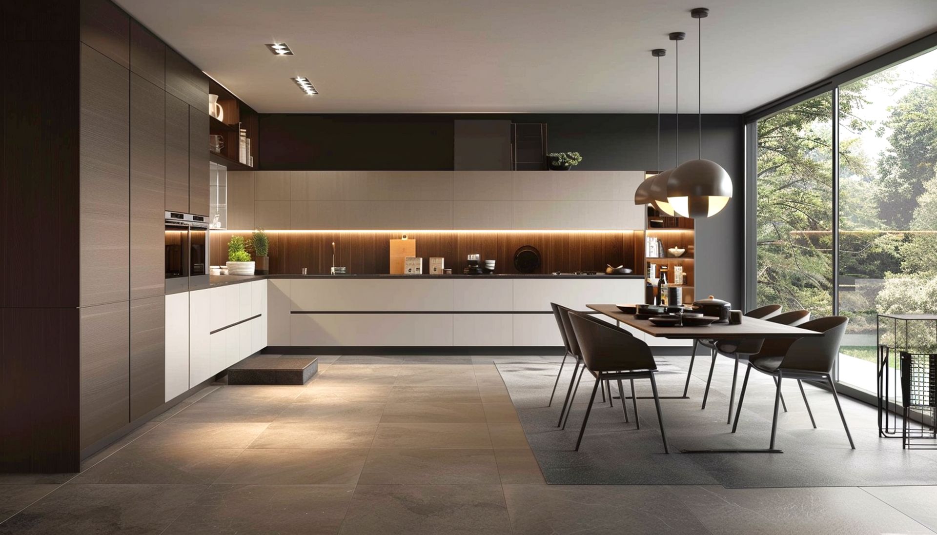 Breeze 21 - A kitchen with white cabinets and wooden stools.