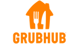 An orange logo for grubhub with a fork and spoon