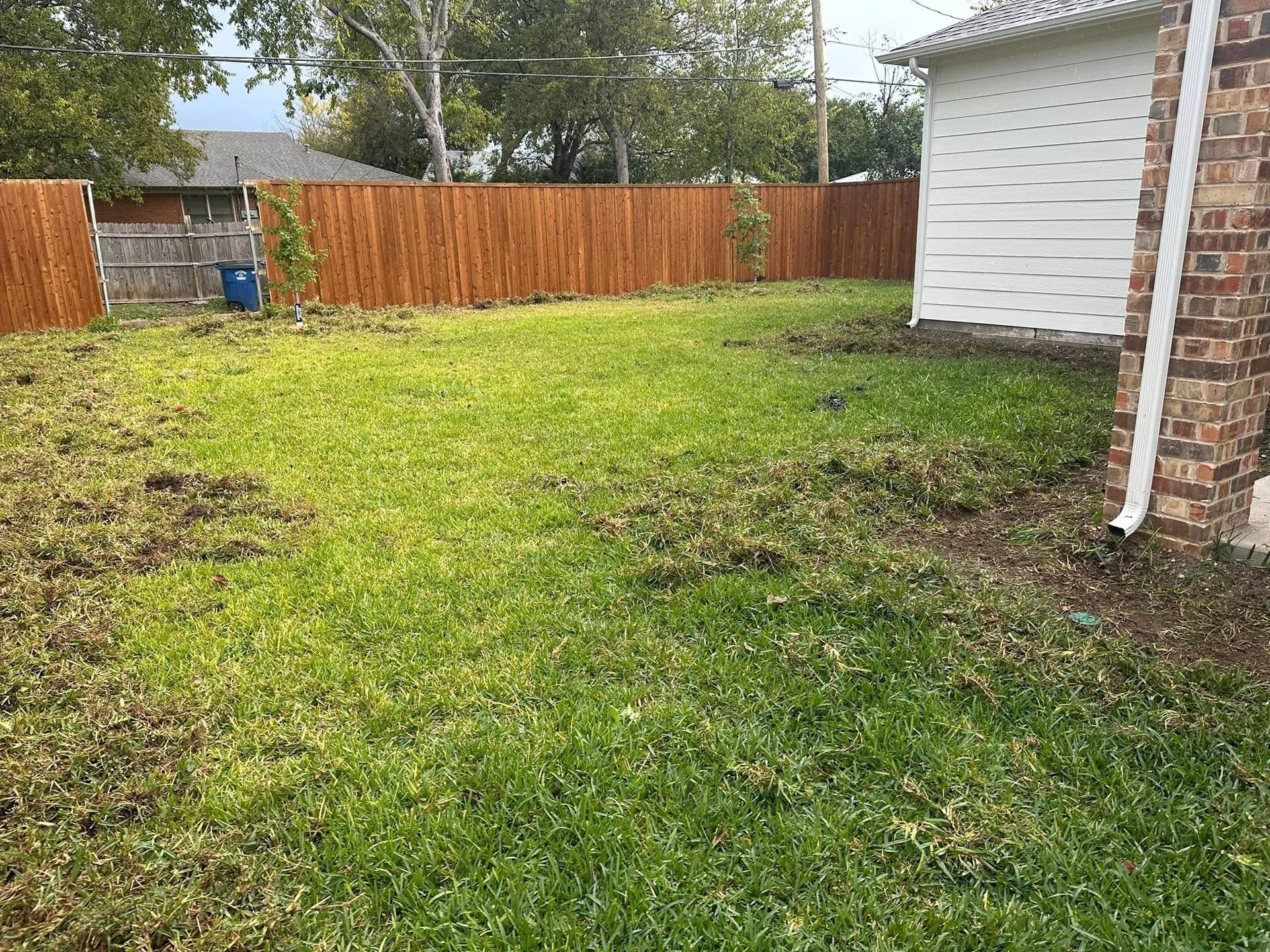 Backyard with green grass, wooden fence, white garage, and brick house corner on the right.