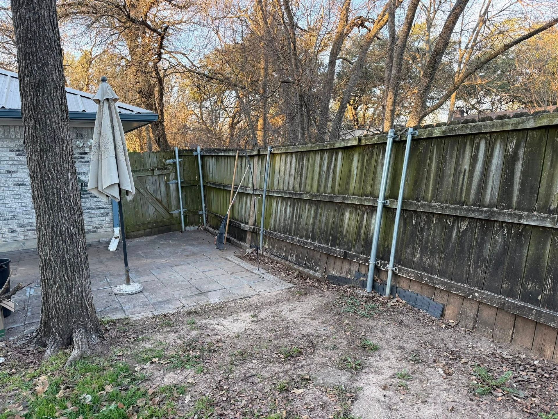 Backyard patio with closed umbrella, trees, and wooden fence in autumn