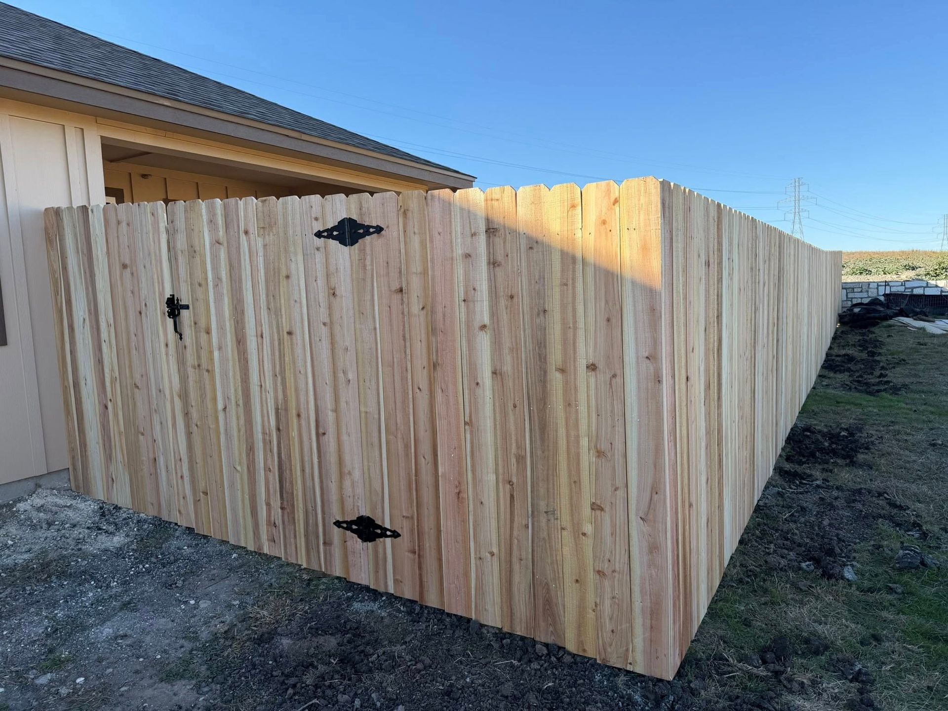 Fresh wooden fence panels and gate beside a house in a backyard