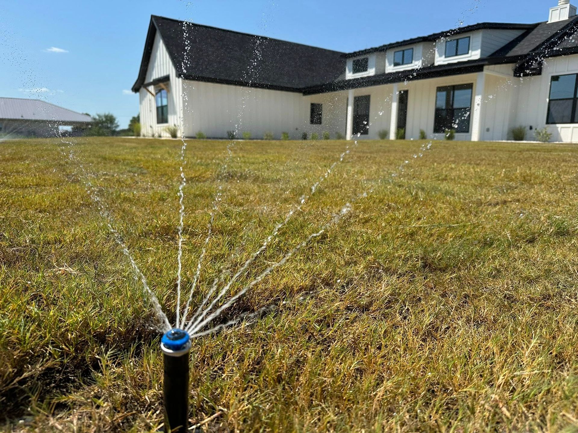 Garden sprinkler watering a grassy yard in front of a white house with a dark roof.